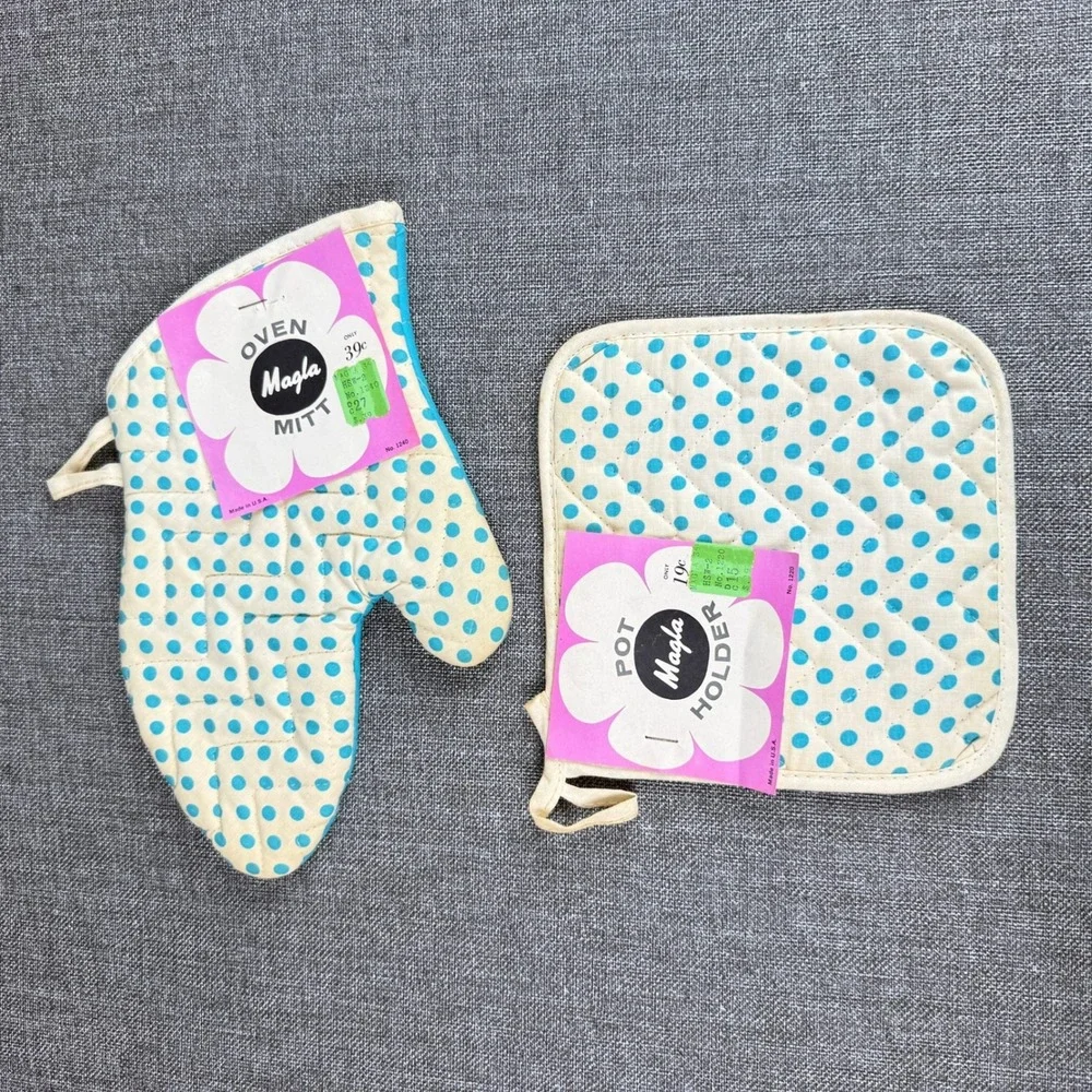 Magla Vintage Oven Mitt Pot Holder Set Blue Polka Dot No 1240 1220 New W Tags